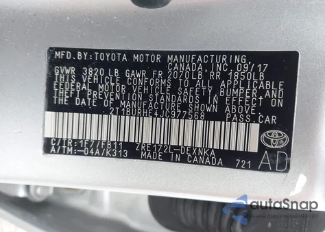 2018 Toyota Corolla Le из США, поврежденный, VIN 2T1BURHE4JC977568